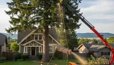 Professional arborists performing safe tree removal with crane and chainsaws in Spokane, WA