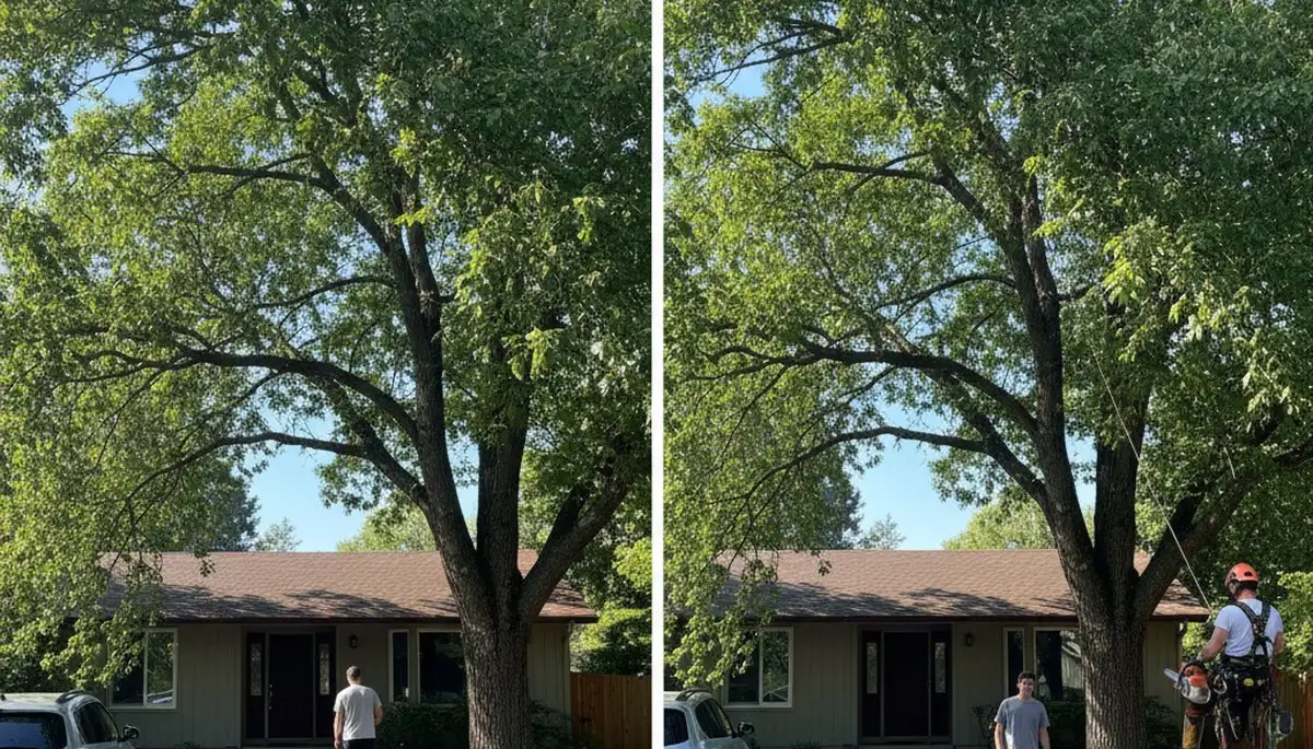 Arborist lifting tree canopy for better driveway access during professional trimming in Spokane, WA