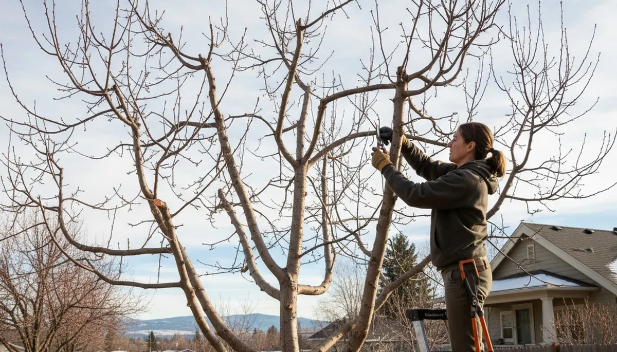 Arborist pruning apple tree in Spokane WA backyard for healthy fruit growth and expert tree care