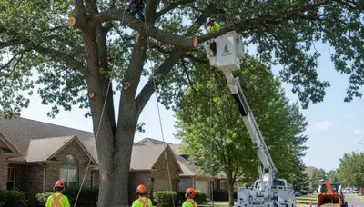 Arborists removing large tree with bucket truck in Fairchild Air Force Base near Spokane WA