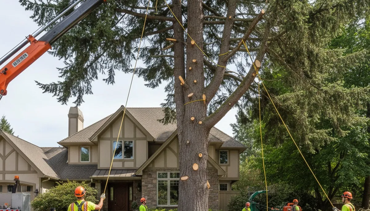 Arborists performing large tree removal with bucket truck in Valleyford near Spokane, WA homes