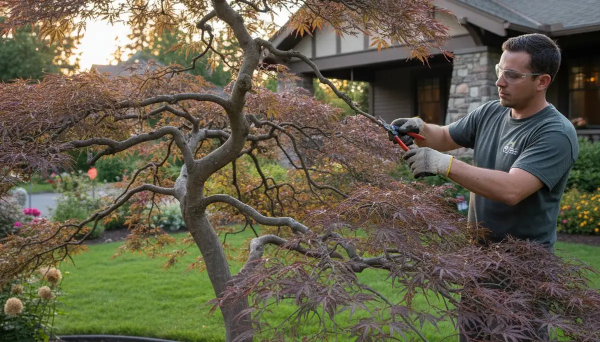 Arborist hand pruning ornamental Japanese maple for curb appeal in Spokane, WA landscape