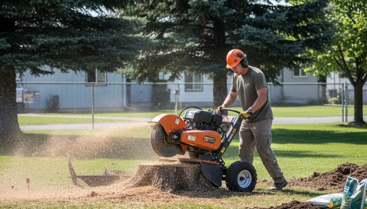 Professional stump grinding at Fairchild Air Force Base near Spokane WA for safe lawn restoration