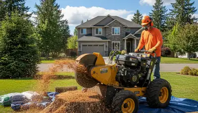 Professional stump grinding removing tree stumps in Otis Orchards, WA by Spokane tree removal experts
