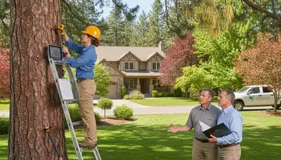 Certified arborist performing tree health assessment in Otis Orchards, Spokane WA for safe tree removal