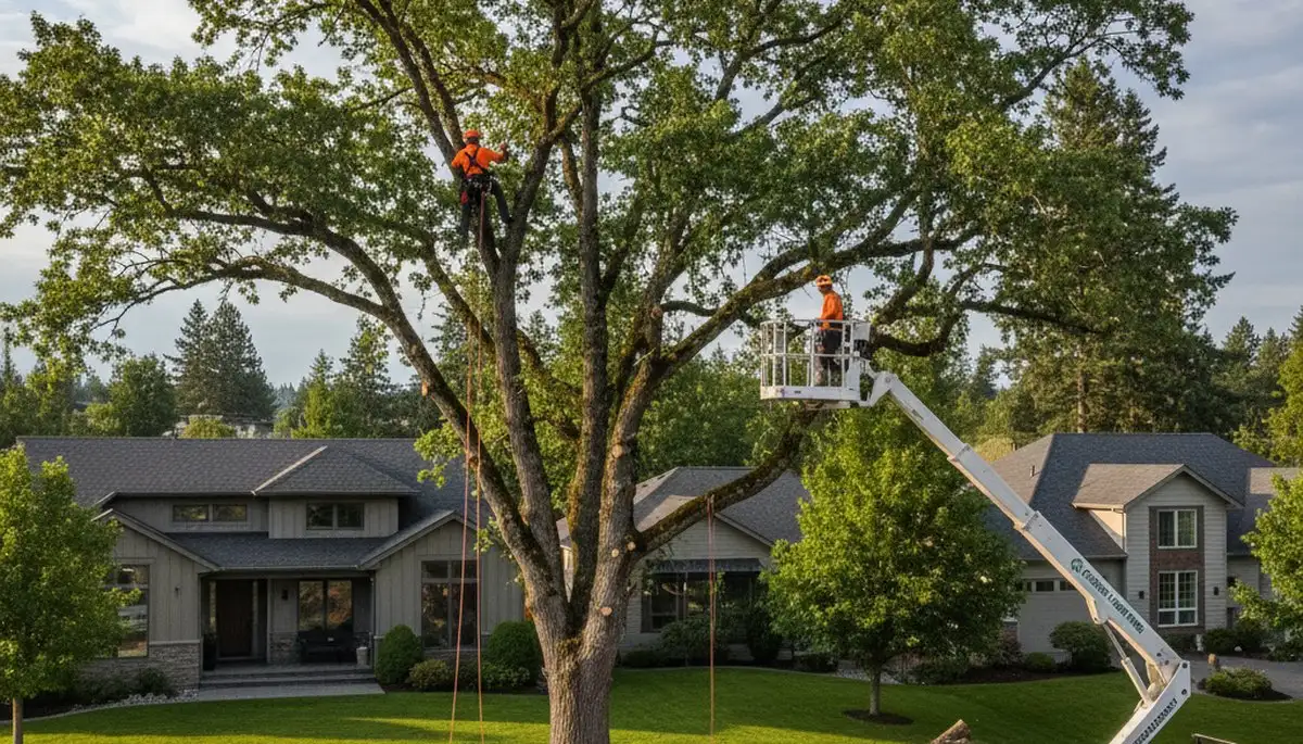 Professional tree removal service in Spokane WA safely cutting large oak tree