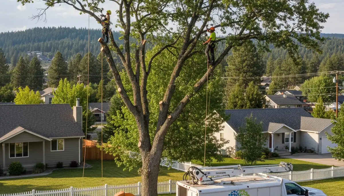 Professional tree removal service crew in Spokane, WA clearing large oak tree safely