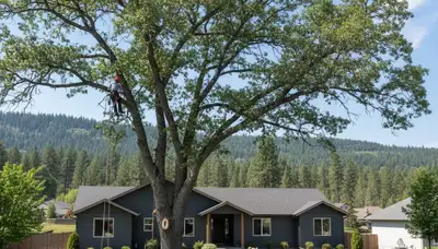 Professional tree removal service in Spokane WA safely cutting and hauling large pine tree